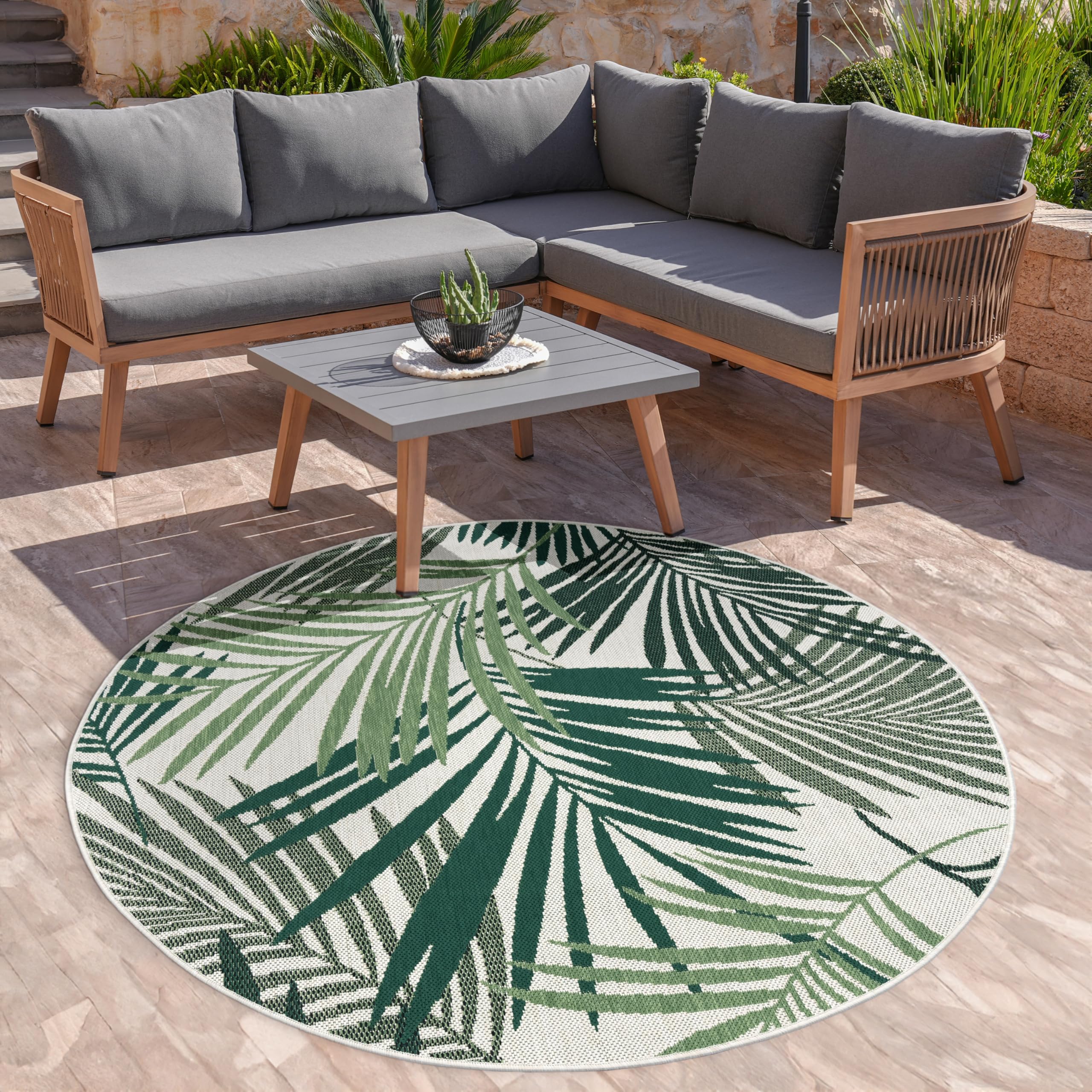 Paco Home Tapis Intérieur & Extérieur Tissage À Plat Jungle Découpé Design Palmiers Floral Vert, Dimension:120 cm Rond