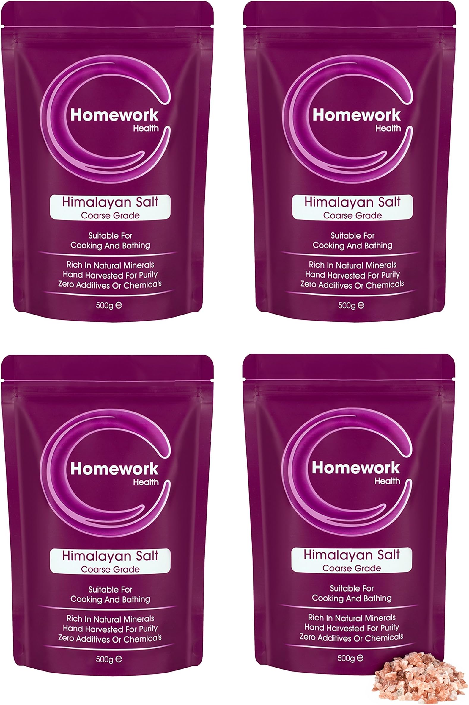 4 x 500g Clearwave Health Himalayan Pink Salt Coarse Zero Additives Suitable for Cooking and Detoxification Comes in Re Sealable Stand Up Pouch Packaging May Vary