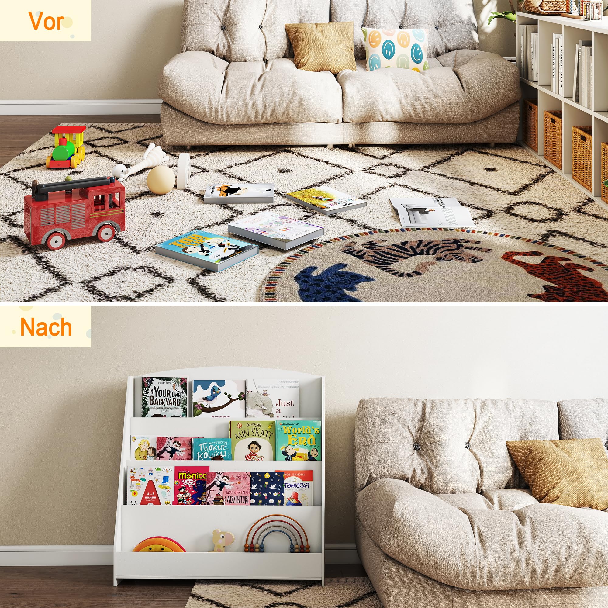 4-stöckiges Kinderbücherregal aus Holz mit 4 Einlegeböden, bücherregal Kinder für Kinderzimmer Kindergärten, 80 × 30 × 88 cm, Natur