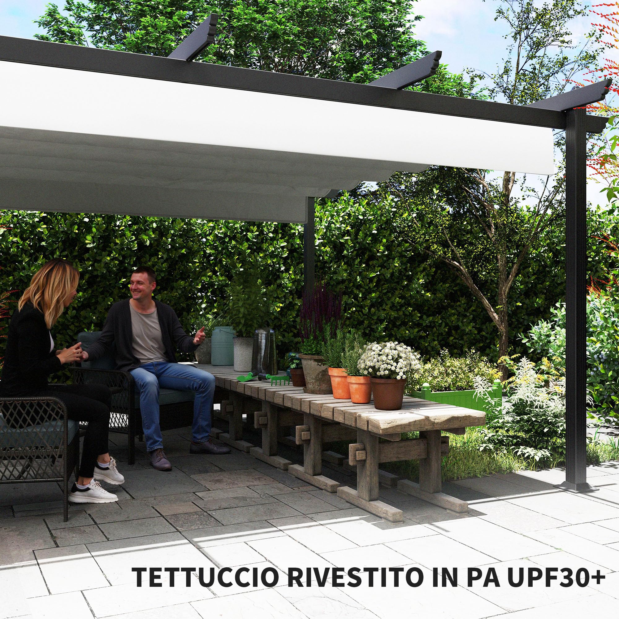 Outsunny Gazebo Pergola 4x4 m Retrattile Struttura Alluminio Bianco | Pergolato, Telo Resistente Richiudibile, Giardino, Terrazzo, Balcone, Veranda, Patio, Piscina, Esterno