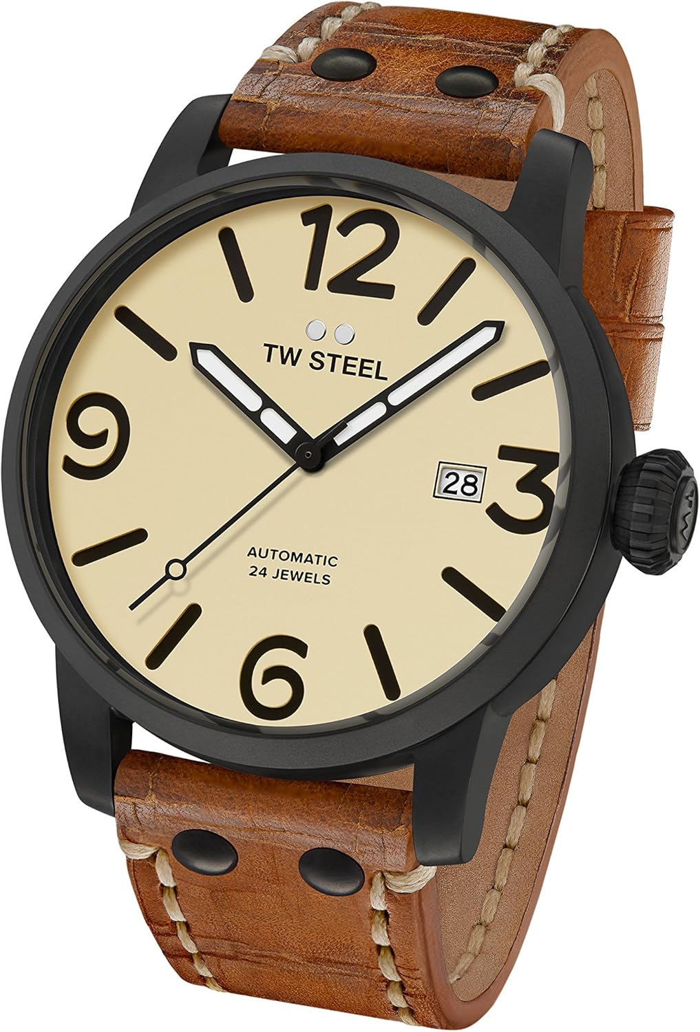 TW Steel Maverick Mens 45mm Quartz Watch with Analogue Display, 3-Hands Movement and Leather Strap