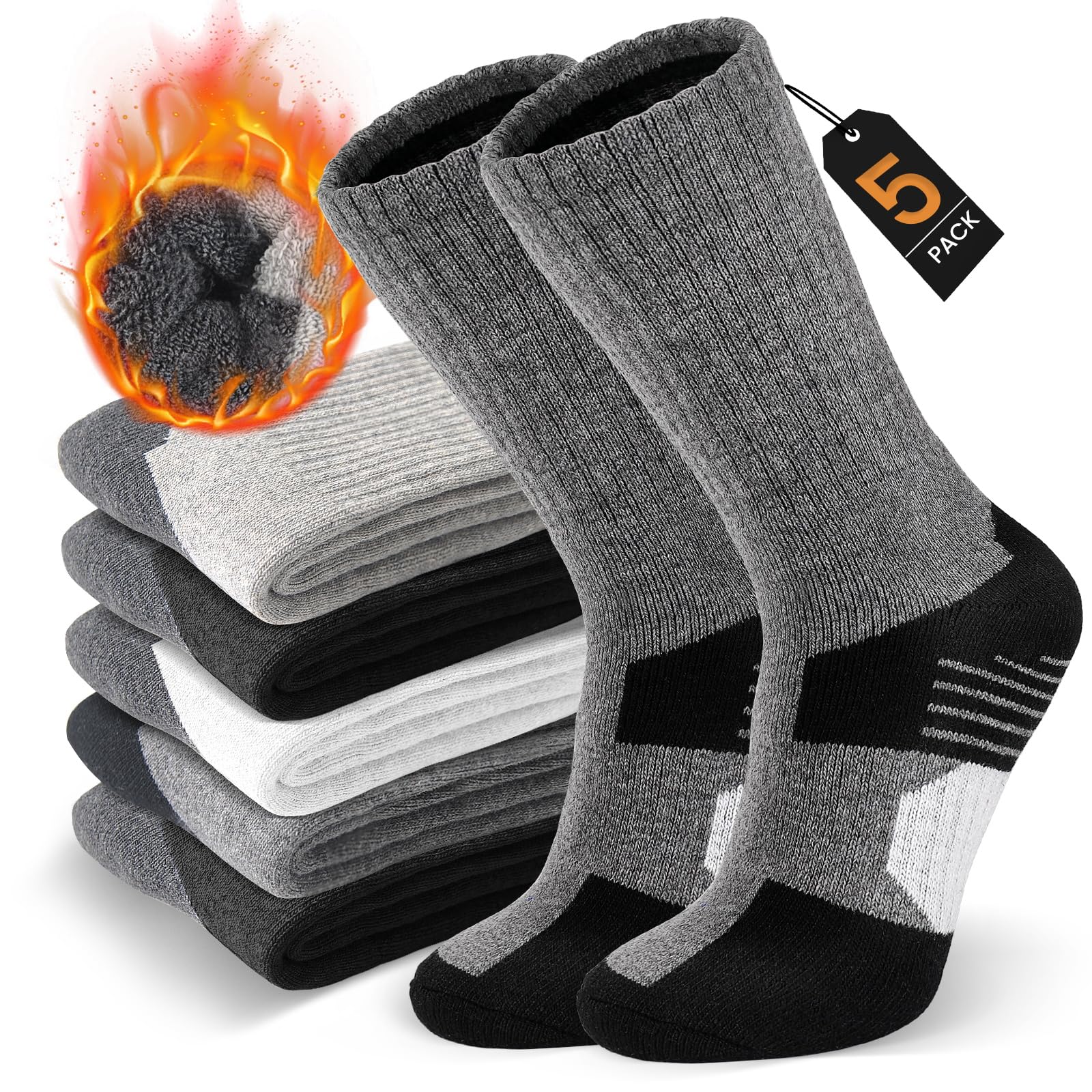 SIMIYA5 Pairs Merino Wool Socks for Men - Cosy Warm Thermal Socks Thick Cushion Winter Socks, Crew Sports Sock for Outdoor Work Walking Hiking Running Skiing