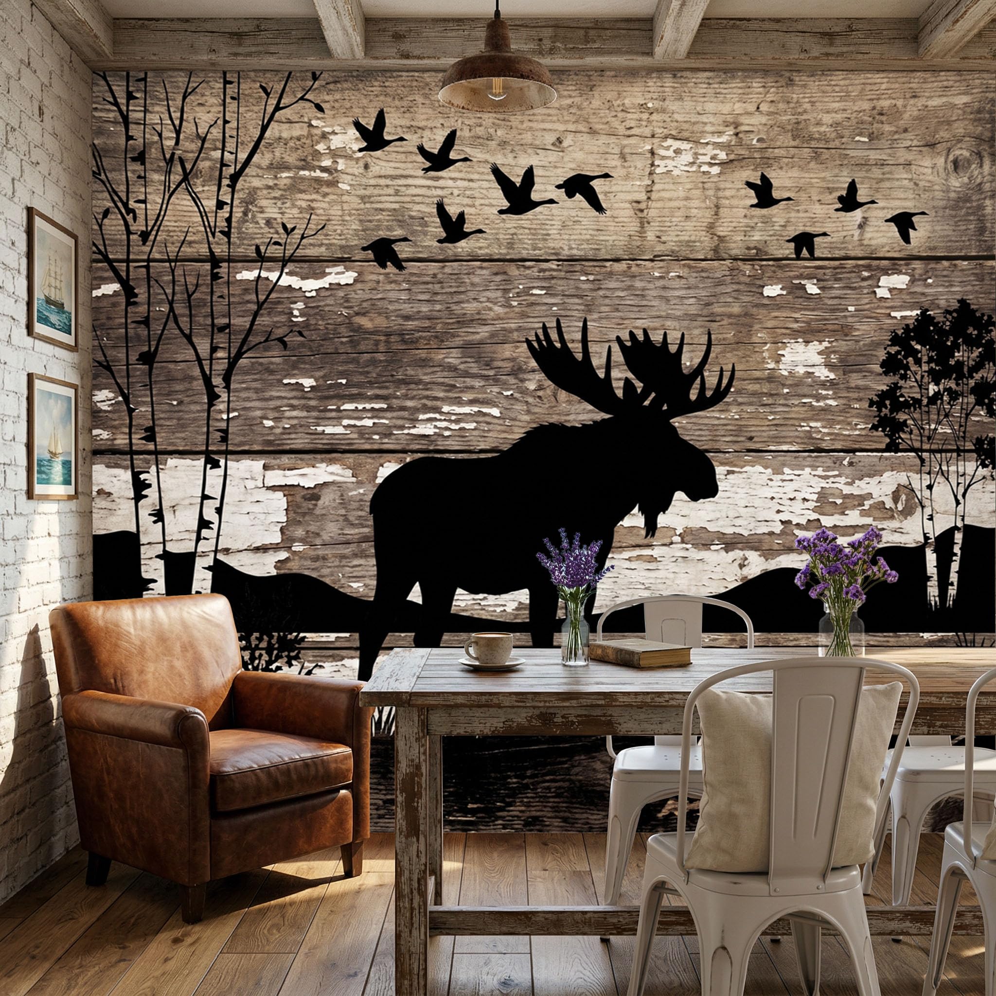 Carta Da Parati Effetto 3D country retrò 400x280cm Fotomurali seta, Silhouette della foresta alci Decorazione Poster Arte Murale Moderna per Casa Ufficio