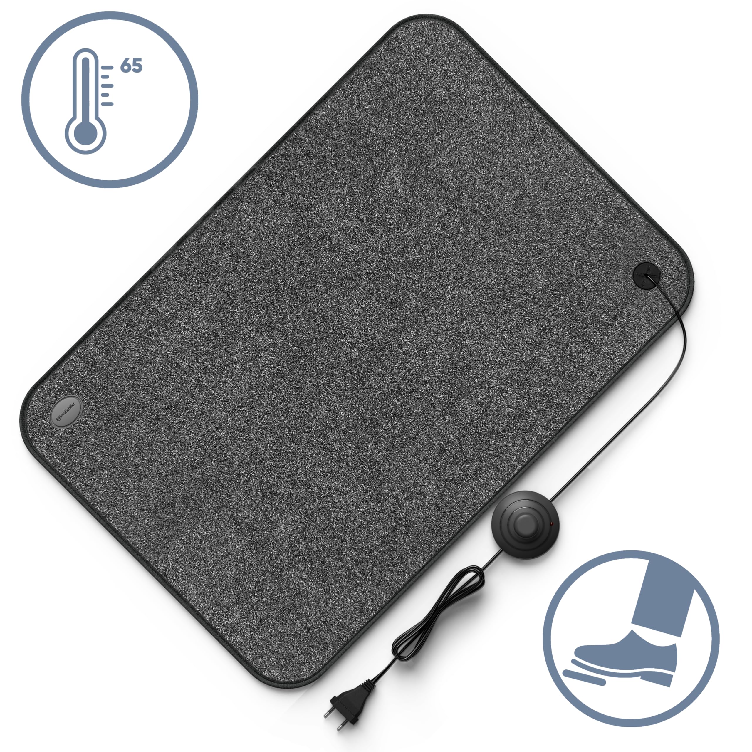 Björn&Schiller elektrischer Heizteppich mit Fußschalter, Heizmatte Fussboden, 75 Watt, Wärme für Füße, 40x60 cm, beheizbare Fußmatte für Büro und zu Hause, 210cm Kabel