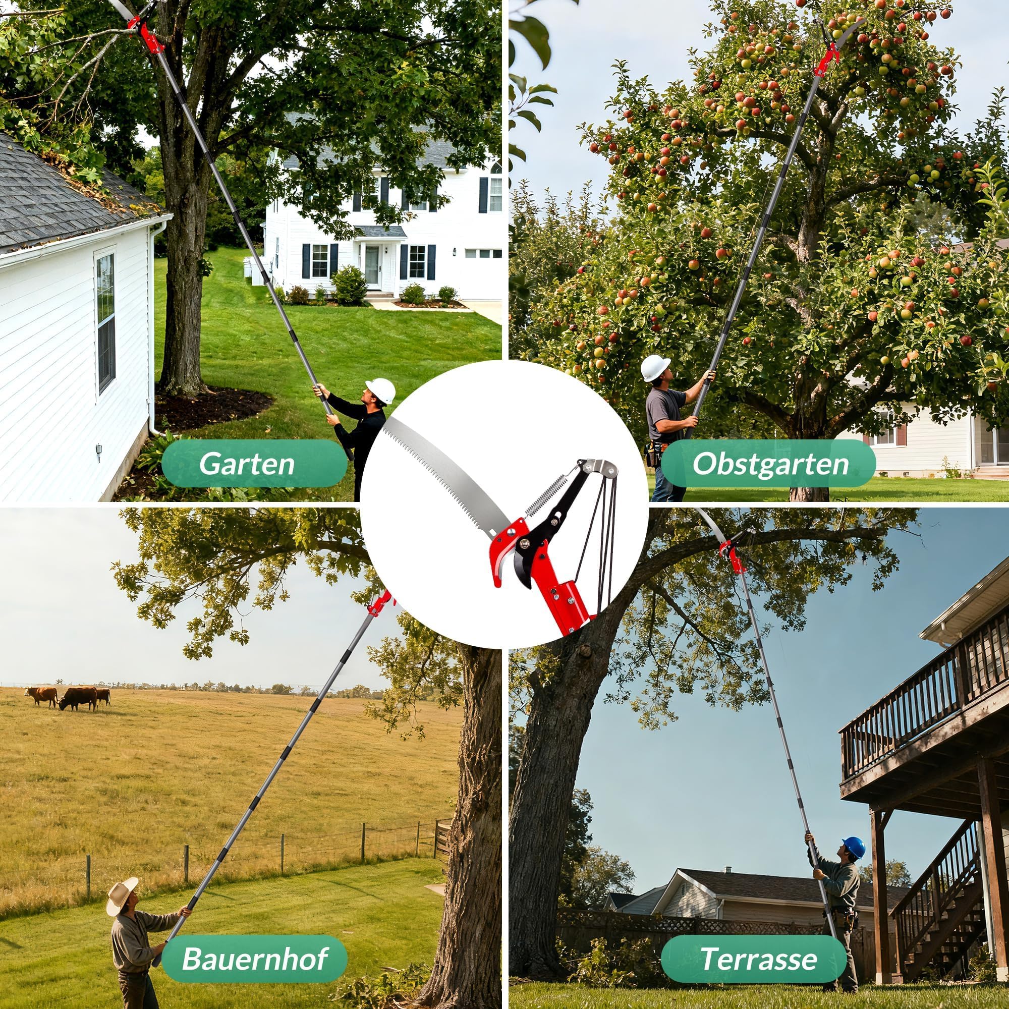 Walensee Teleskop-Baumschere 2-in-1 mit Astsäge, 3 M ausziehbare Stange, Baumschneider mit Stahlklinge und Astschneider, leichte, hochfeste Griffe für einfache Garten- und Baumpflege, Rot