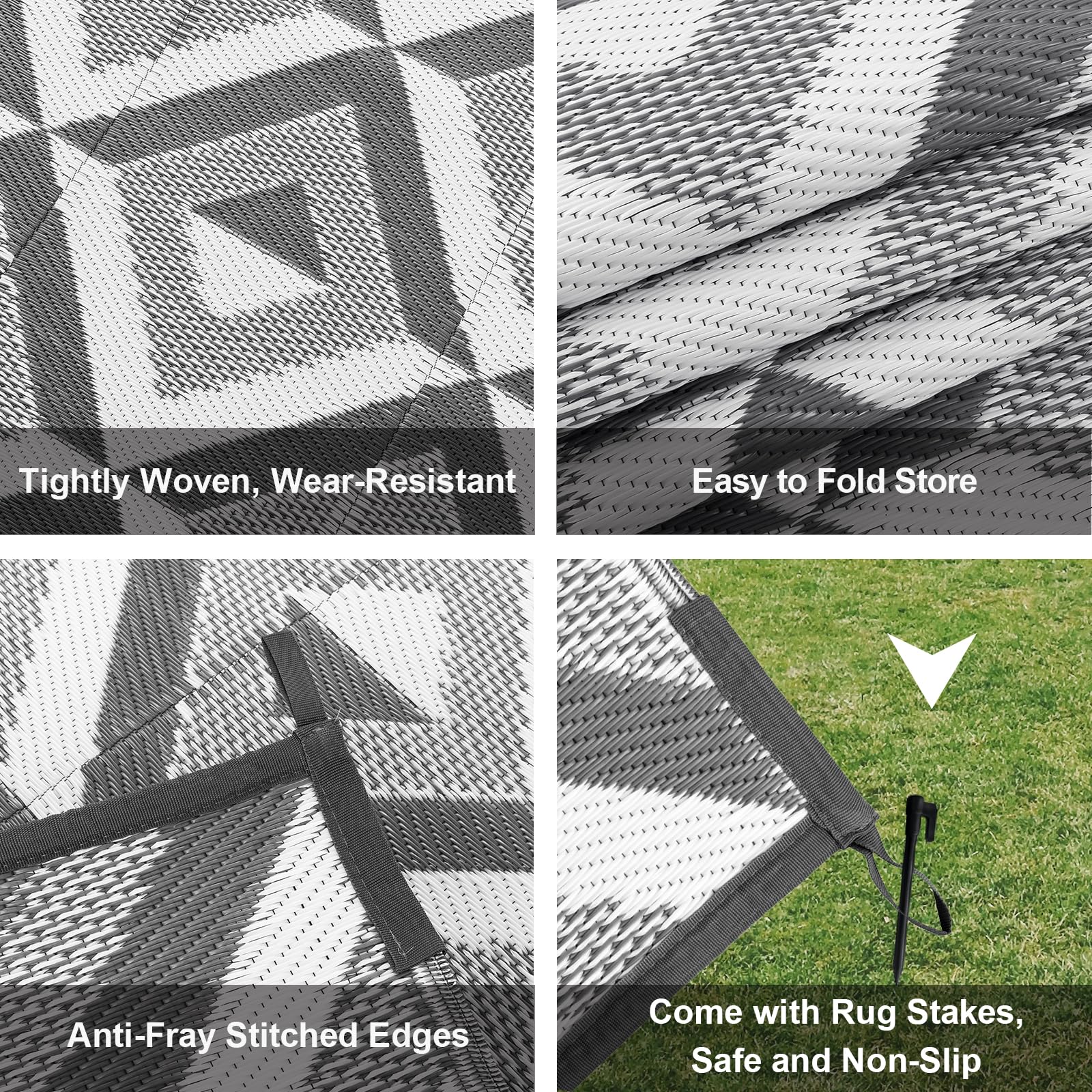 CHOSHOME Alfombra Exterior Impermeable 180x270cm Reversible UV Resistentes para Jardín Patio Camping - Plegable Ligera con Bolsa Transporte, Gris