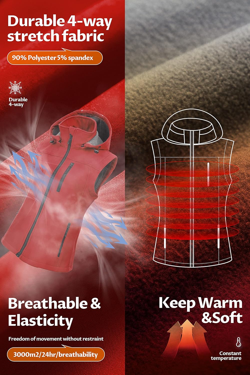 CREATMO US Women's Lightweight Softshell Vest Outerwear Windbreaker Sleeveless Jacket With Removable Hood