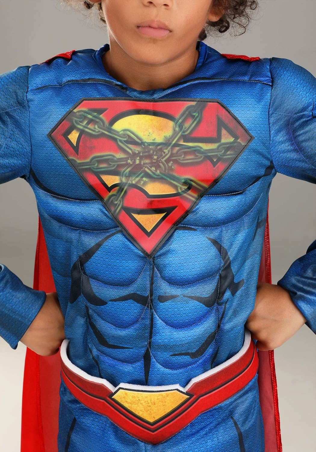 DC Comics Deluxe Superman Kids Costume with Cape, Muscle Padded Jumpsuit & Holographic "S", Boot Covers & Belt