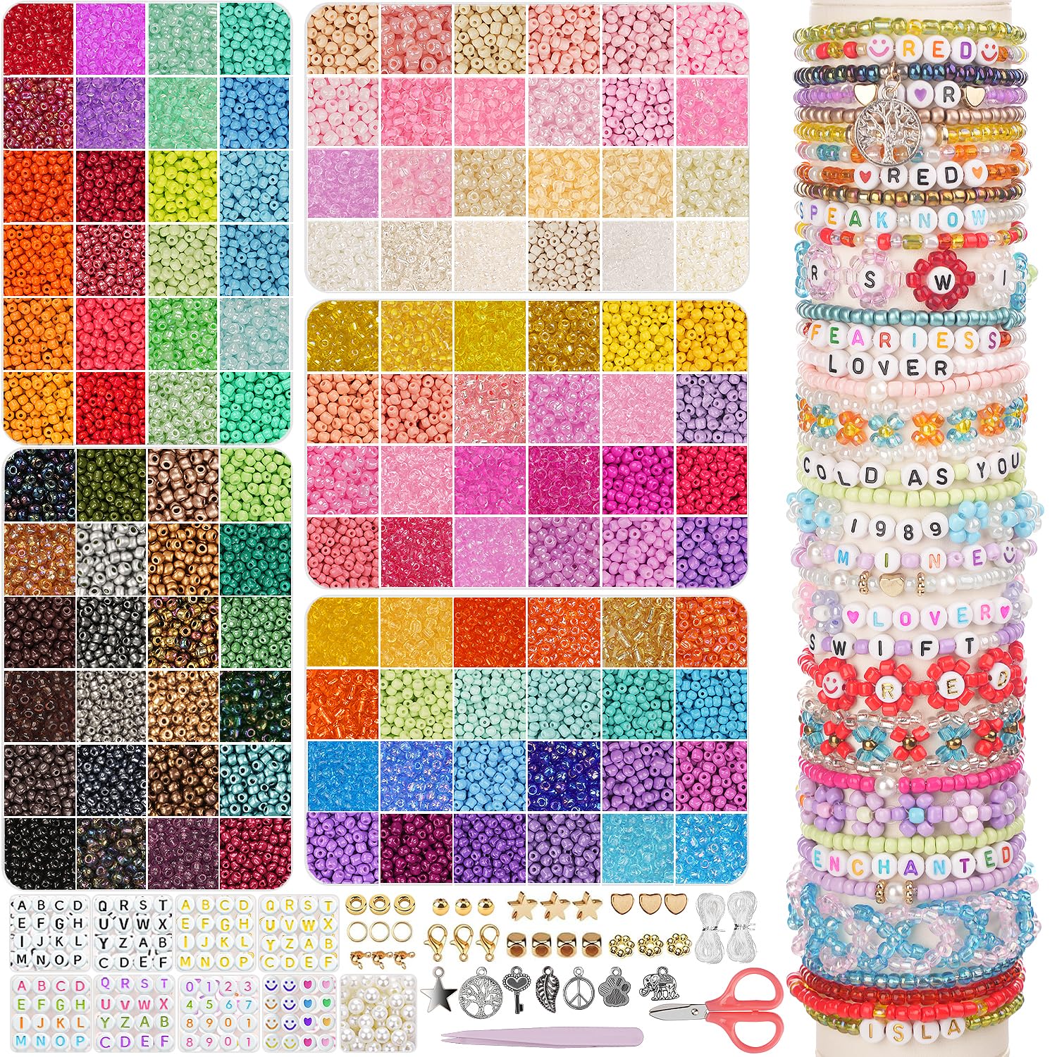 Mio Angle 4mm Glass Seed Beads Friendship Bracelet Kit, 10000pcs+ 120 Colors 6/0 Small Beads for Friendship Bracelet Beads Waist Beads with String Cords Letter Beads for DIY Jewelry Making Girls Craft