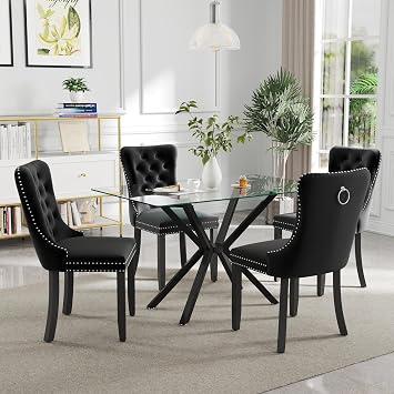 5 Pieces Modern Luxury Glass Dining Set, Minimalist Rectangle Dinner Room Set for 4, 47 Clear Glass Top Kitchen Table Set with Black Base, Black Tufted Chairs, for Small Apartment Home