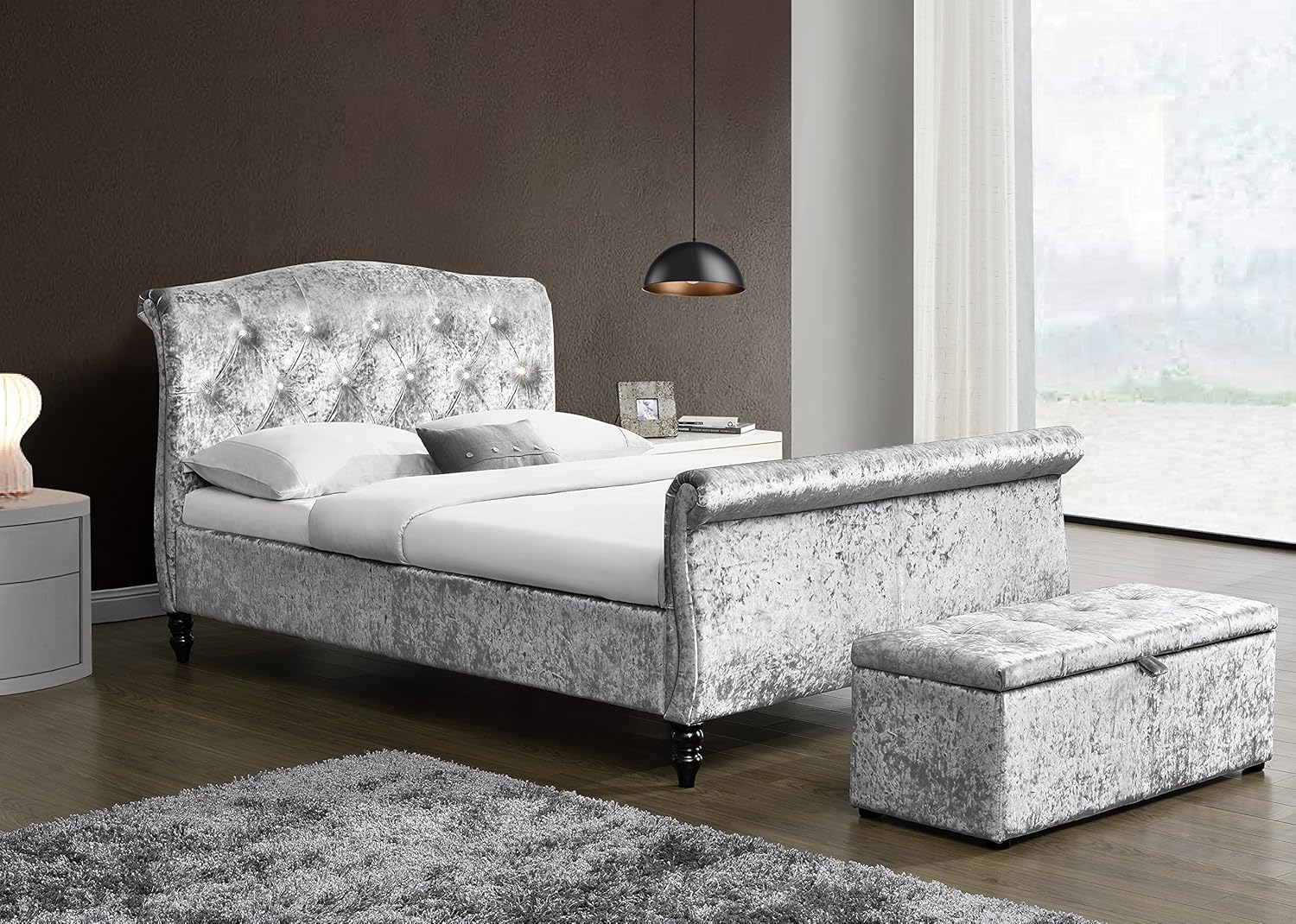 Cherry Tree Furniture MEISSA Silver Grey Crushed Velvet Sleigh Bed