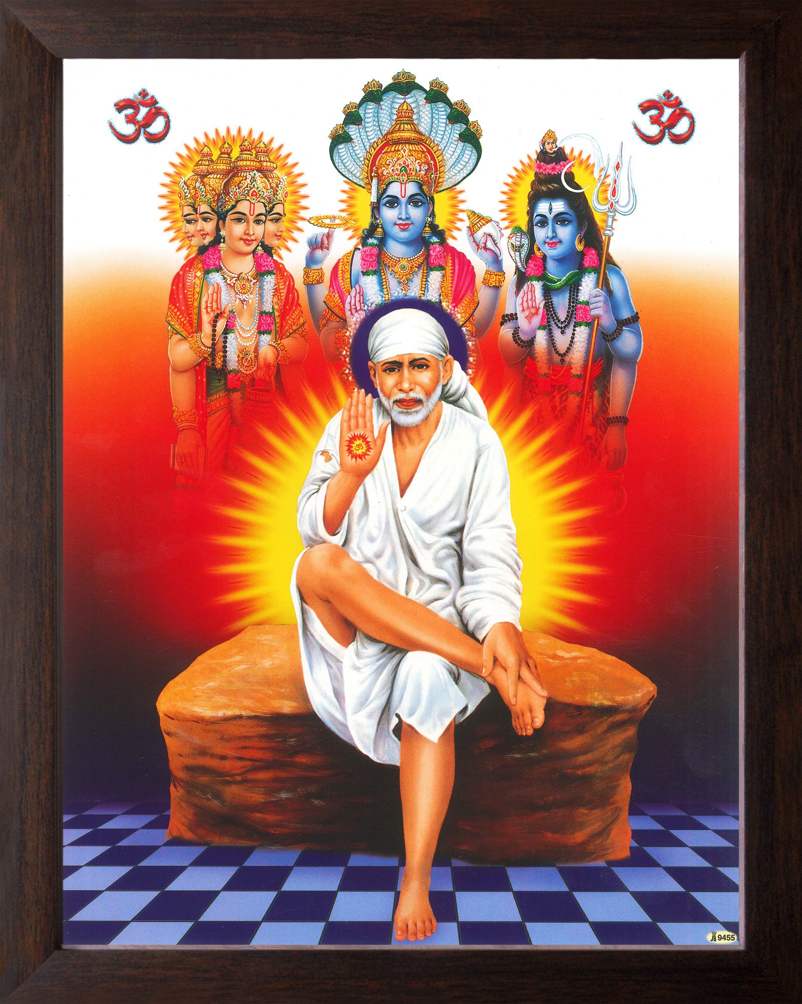 Sai Baba with Lord Brahma, Vishnu & Mahesh HD Printed Religious & Decor Picture with Brown Wood Frame (30 X 23.5 X 1.5 CM_ Brown Wood)