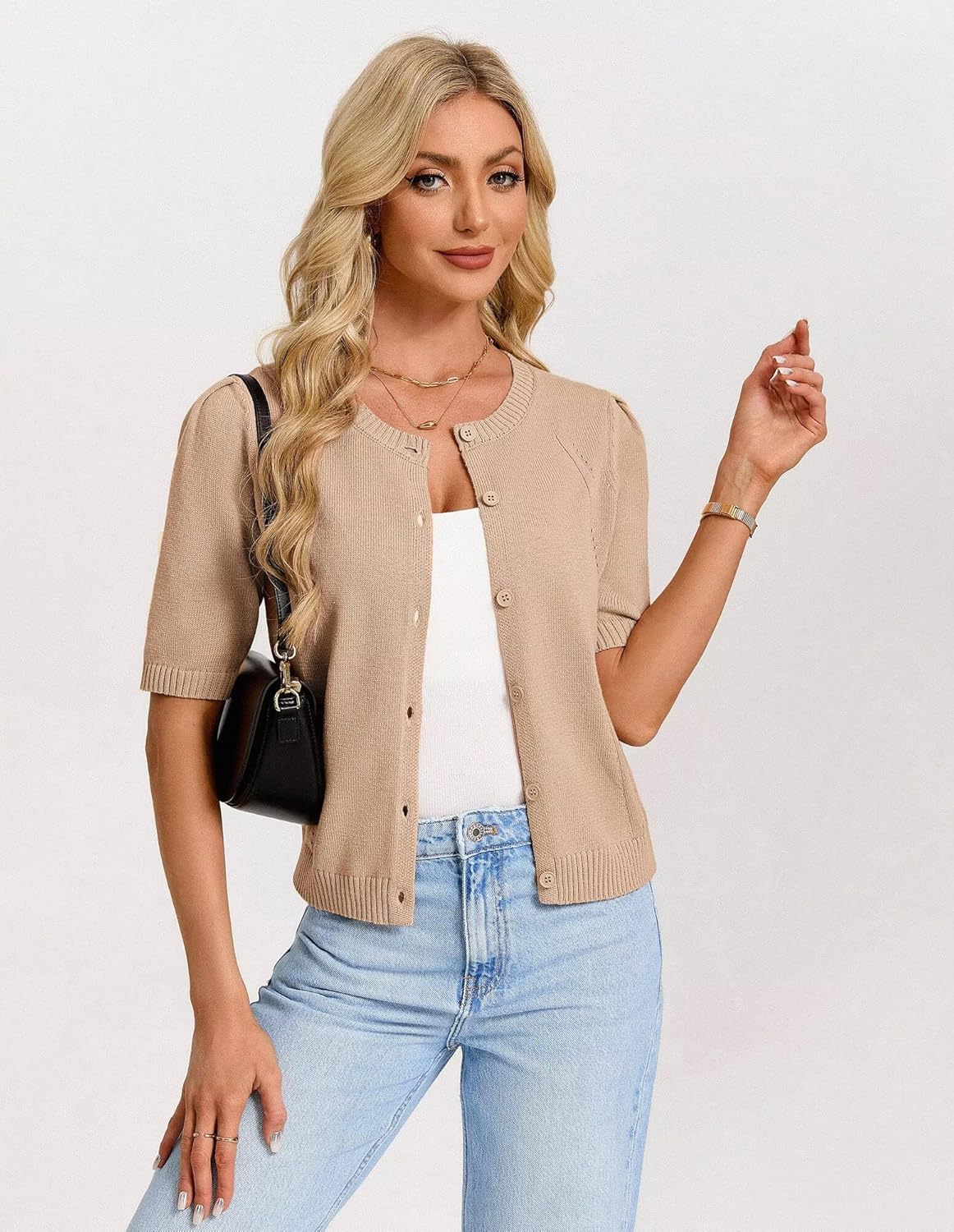 GRACE KARIN Short Sleeve Cardigans for Women, Spring Cropped Cotton Sweaters, Trendy Crew Neck Button Up Tops Casual, - Image 4