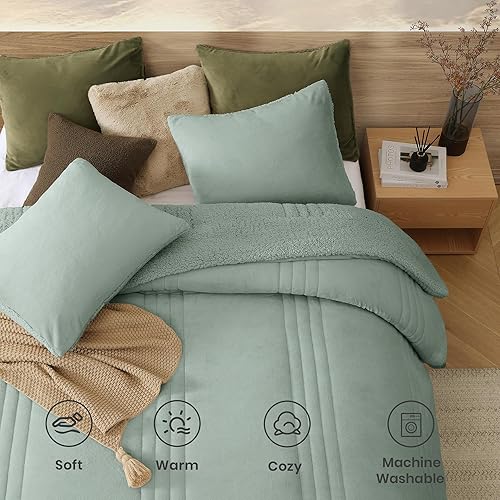 Miniatura 4 de Monbix Juego de edredón mullido tamaño Queen, color verde salvia, edredón mullido de felpa Sherpa de 3 piezas para cama tamaño Queen, juego de ropa