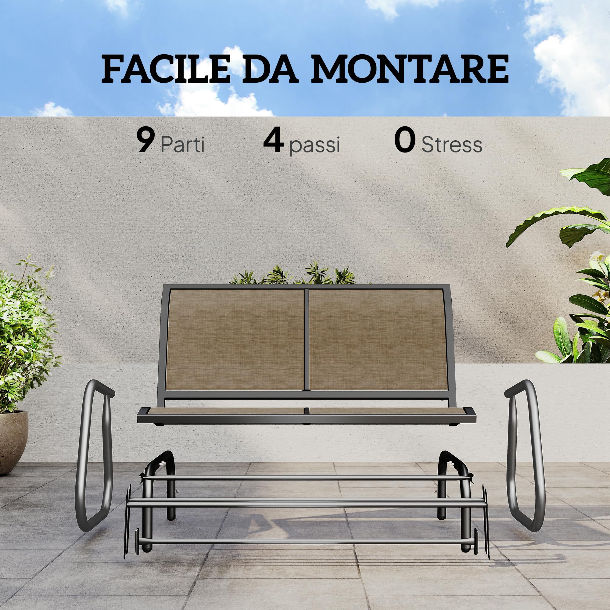 Outsunny Panchina a Dondolo da Giardino a 2 Posti, Panca da Giardino in Metallo e Tessuto a Rete Traspirante, per Balconi, Patio, Terrazzo, 120x70x85cm, Marrone Chiaro