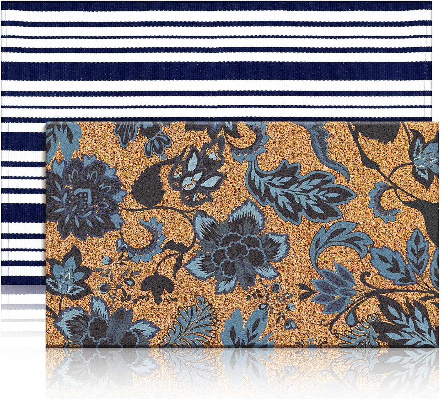 2 Pcs Navy Blue Coir Doormat Outdoor Navy Blue and White Checked Rug Doormats Indoor Outdoor Rugs for Layered Front Door Mats, Porch, Kitchen, Farmhouse, Entryway