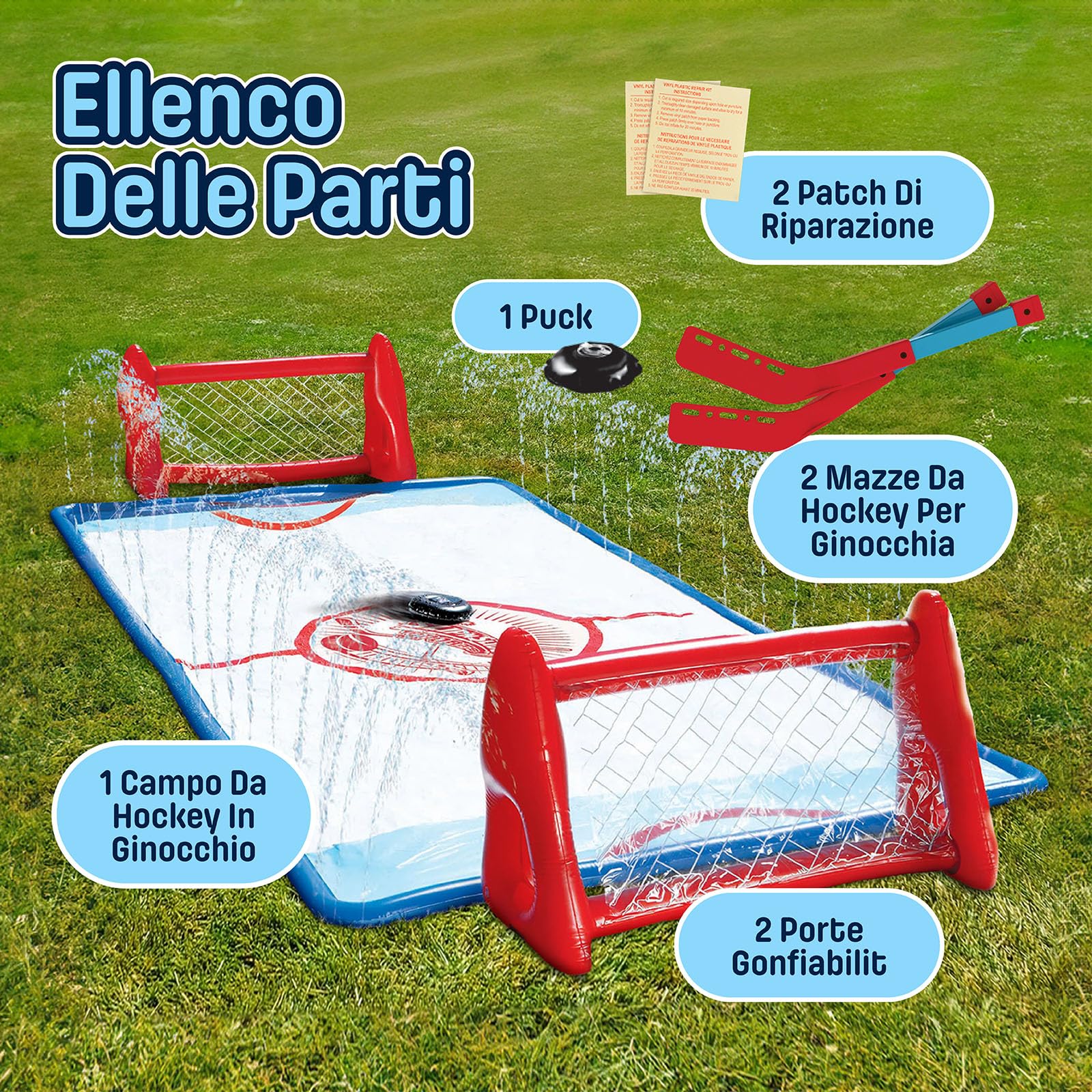 Wham-O Slip N Slide Set Hockey Acqua Ginocchio da Giardino, Include 2 Porte Gonfiabili, 2 Bastoni, 1 Disco Gonfiabile