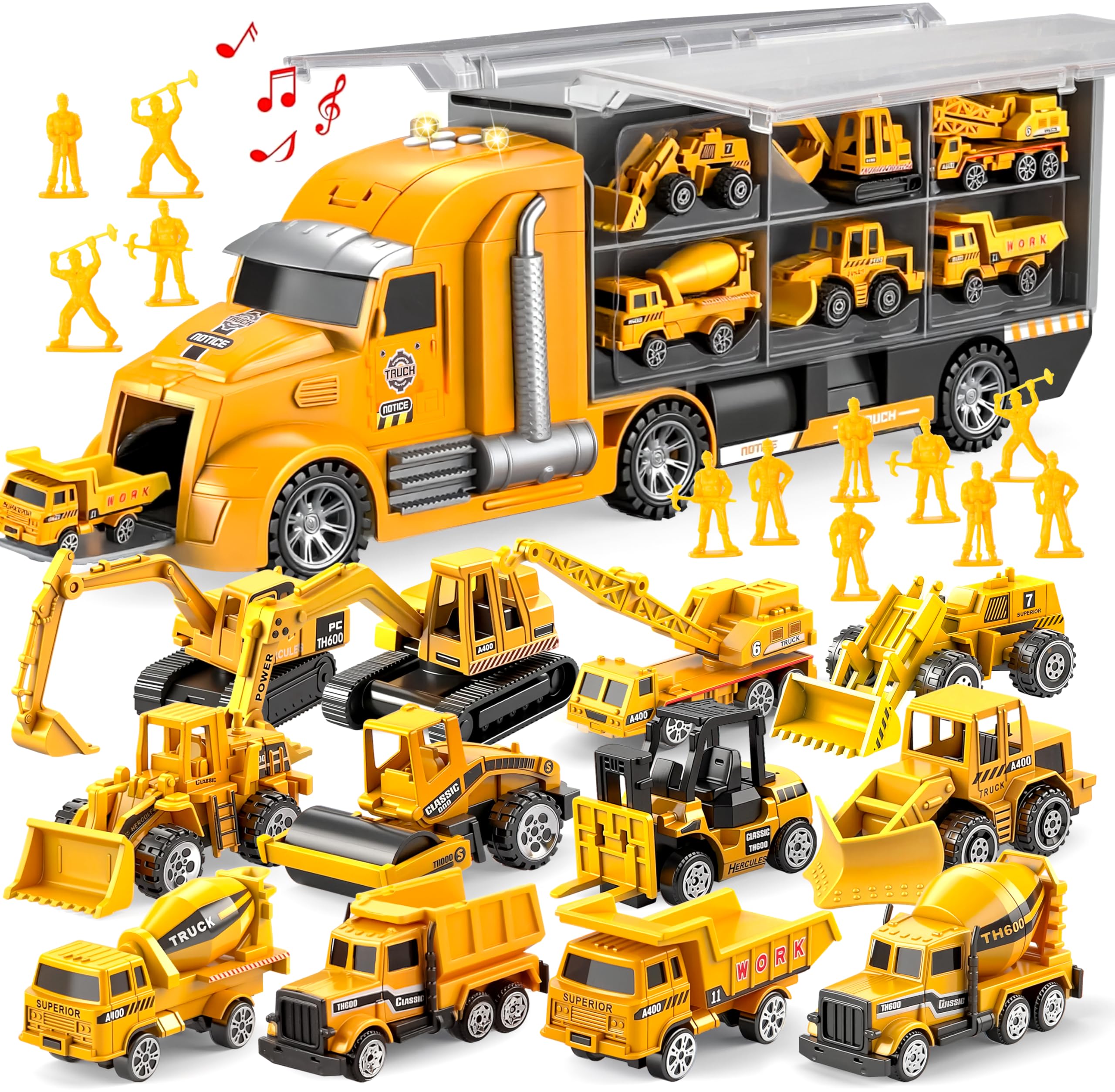JOYIN 25 in 1 Die-Cast Construction Vehicles (including Transporter, Excavator, Dump Truck, Tractor) with Sounds and Lights in Transporter, Kids Gifts for Boys Ages 3+