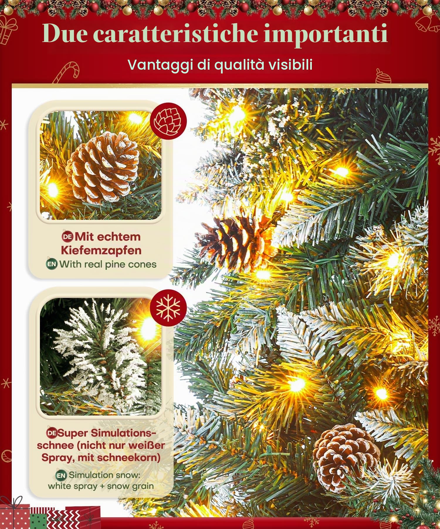 Yorbay Albero di Natale Artificiale con Illuminazione e Neve Bianca, Albero di Natale a LED per Decorazioni Natalizie con Pigne vere, Resistente al Fuoco (210 cm)