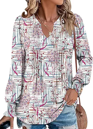 BETTE BOUTIK Long Sleeve Shirts for Women Fall Tops Dressy Blouses Pleated V Neck Tunic Tops for Leggings S-3XL