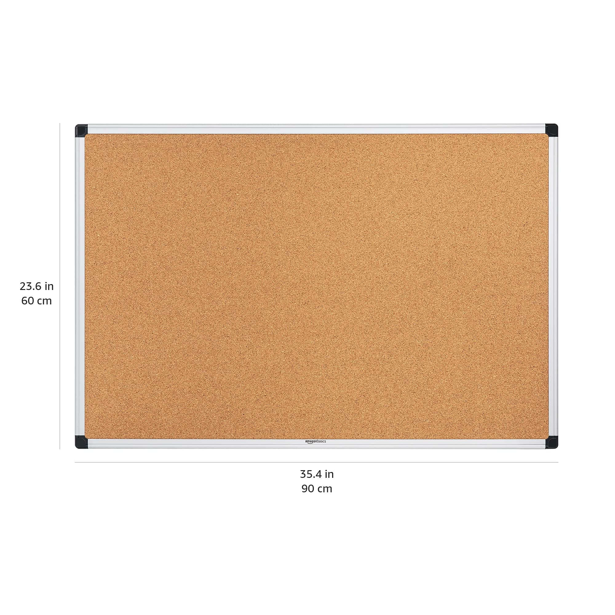 Amazon Basics Rectangular Tablón de anuncios, de corcho, con marco de aluminio, 90 x 60 cm, Plateado