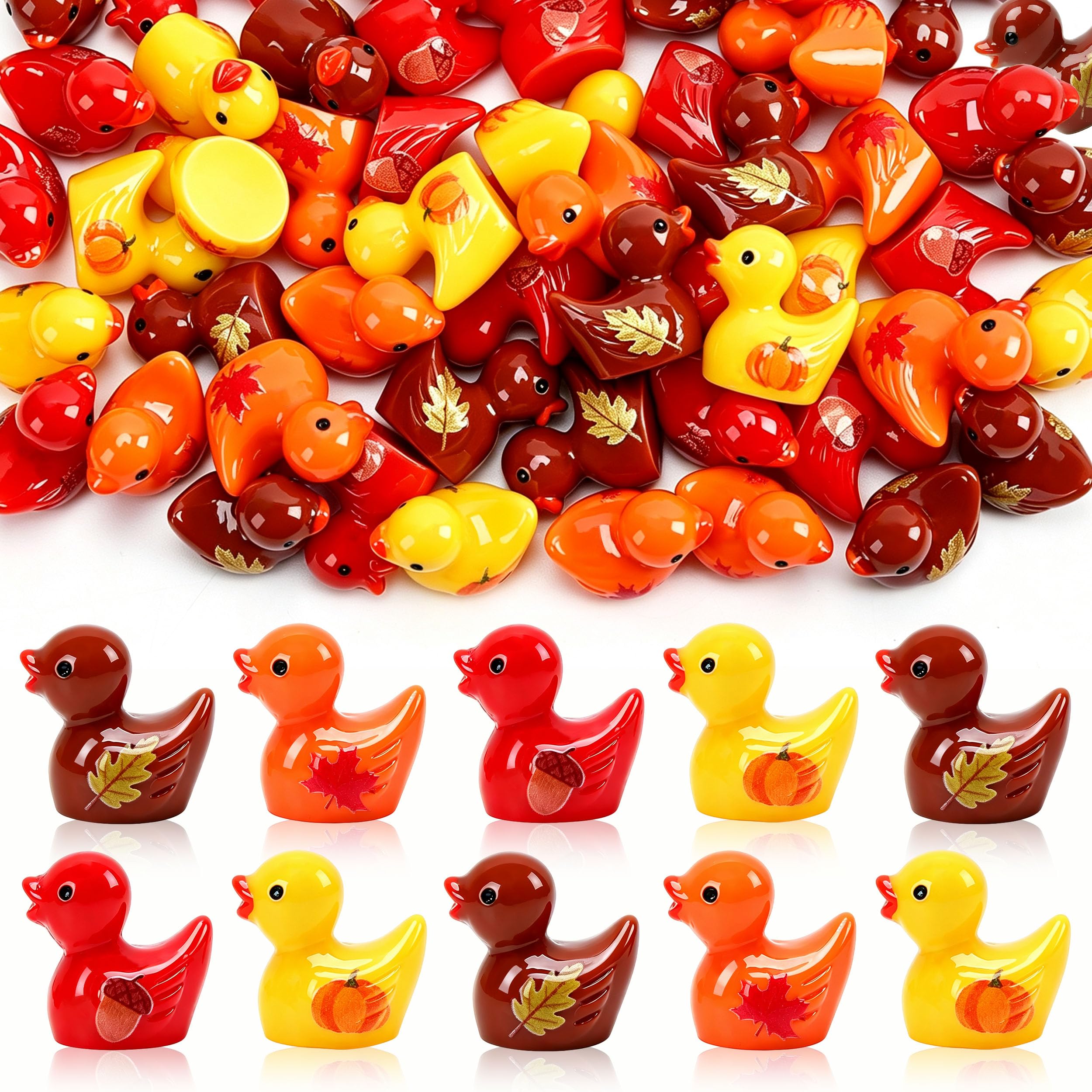 JUNEBRUSHS 50Pcs Fall Mini Resin Ducks Thanksgiving Miniature Figures