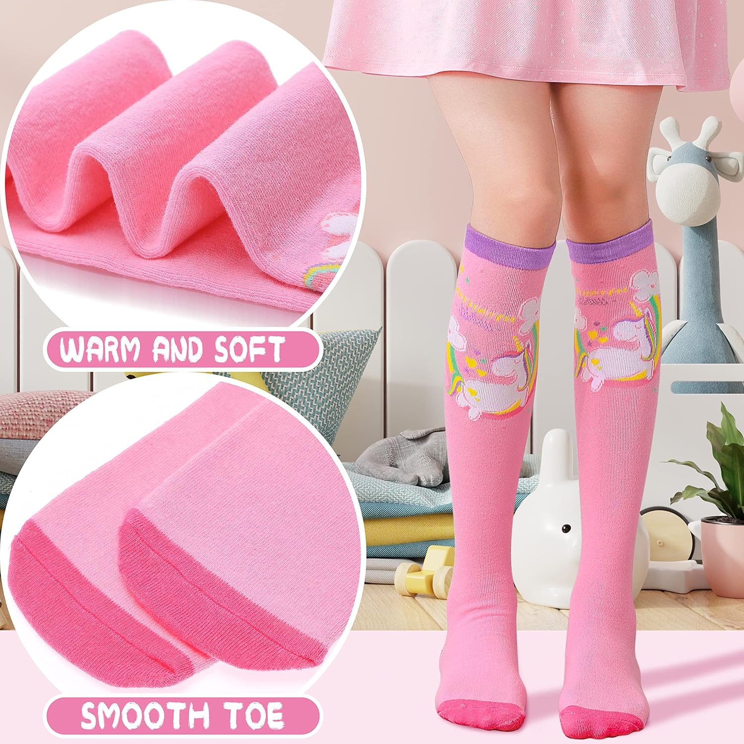 Miniatura 3 de Calcetines altos hasta la rodilla para niños y niñas 6 pares de calcetines largos y divertidos de animales coloridos para niños