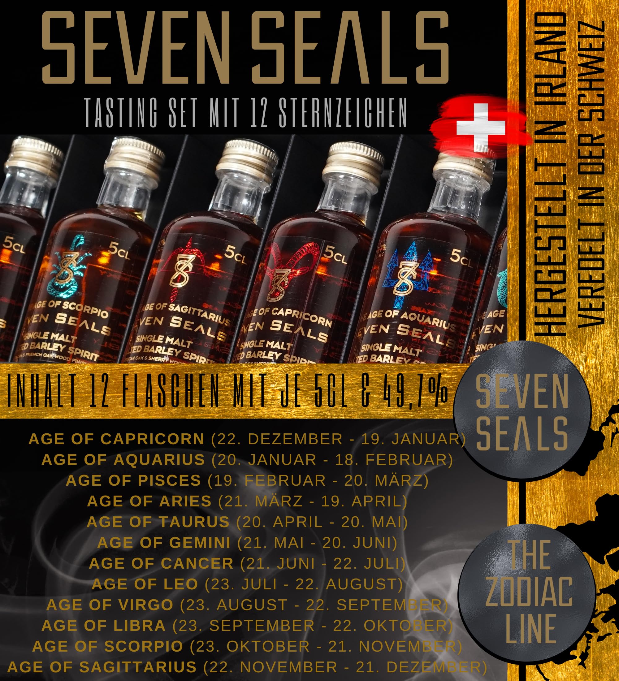 Seven Seals Single Malt Geschenkset | Zodiac Tasting Set | 12 x 5cl Tasting Miniaturen | Premium Probierpaket | Geschenkidee für Männer & Genießer | Schweizer Qualität | 49,7 % Vol