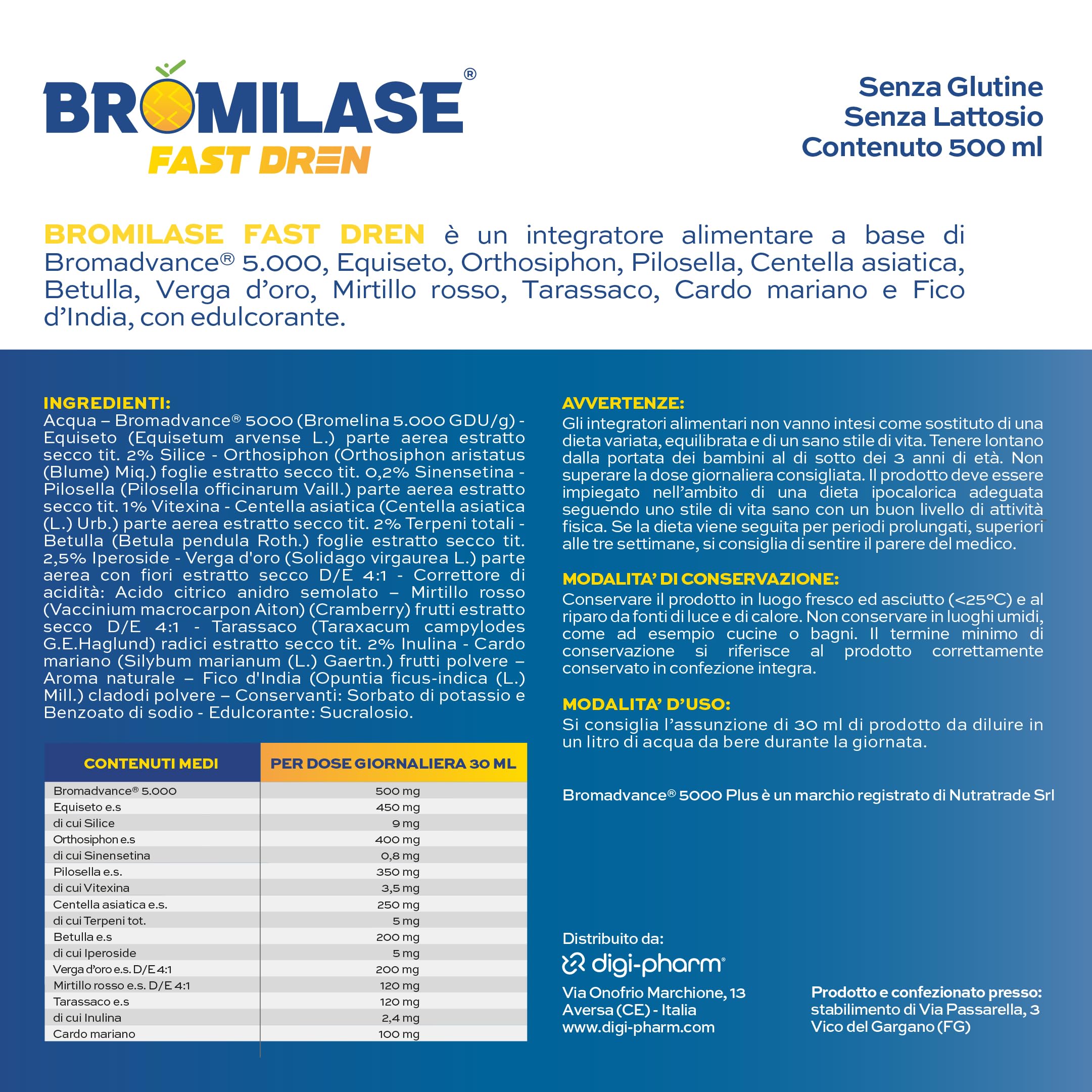 Fast Dren Integratore Bromelina Liquido 500 ml, Drenante Detox con Bromadvance 5000, Equiseto, Orthosiphon, Pilosella, Centella, Betulla e Tarassaco, Gusto Tropical, Senza Glutine e Lattosio