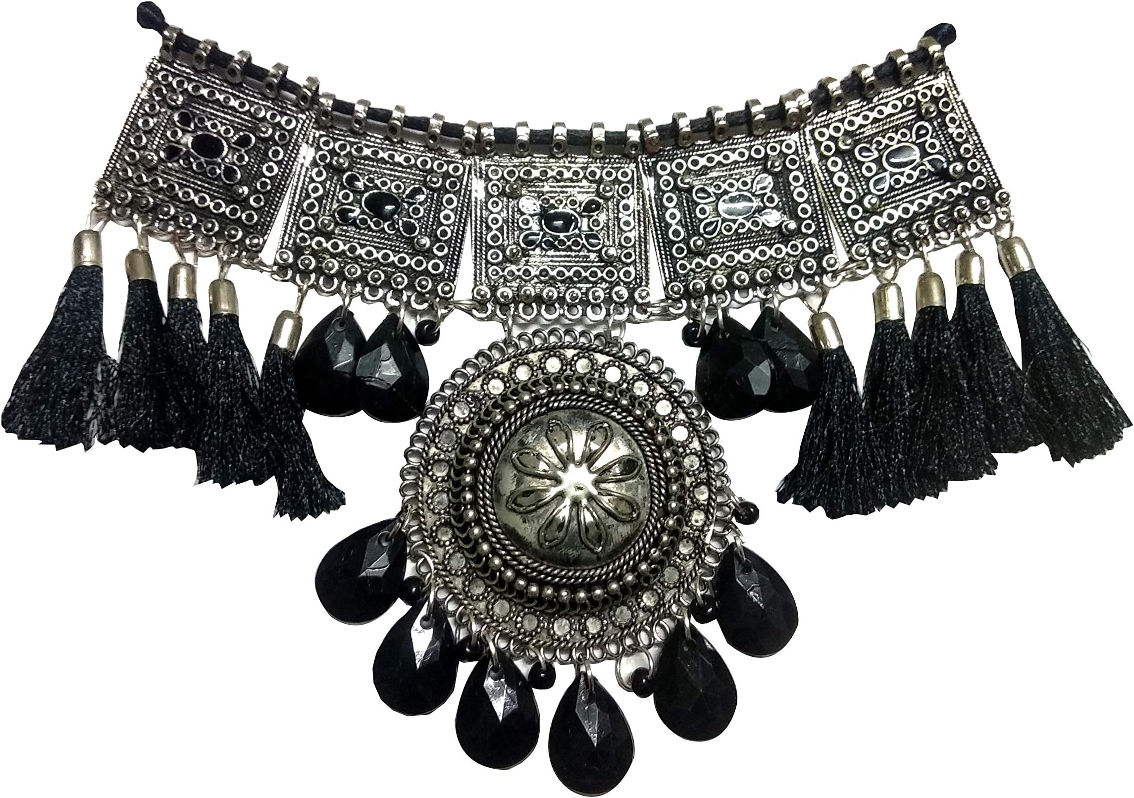 The Trendy Trendz India Bollywood Oxidized Silver Gypsy Style Big Pendant Choker Black Beads Navratri Jewelry Set Women Girls