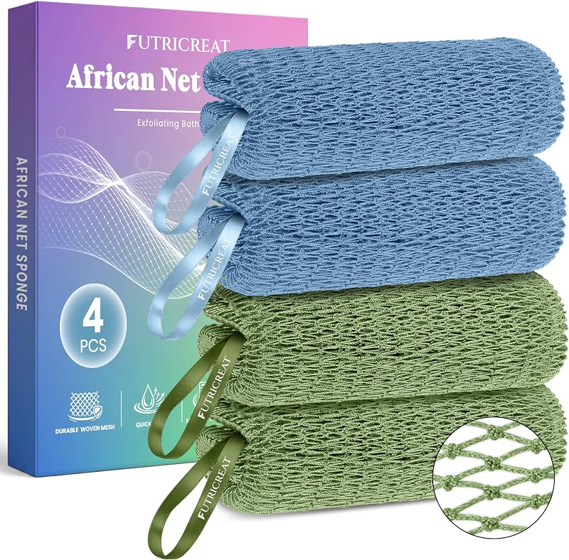 Esponja de banho africana FUTRICREAT, esponja de malha para corpo e costas, azul e verde, pacote com 4