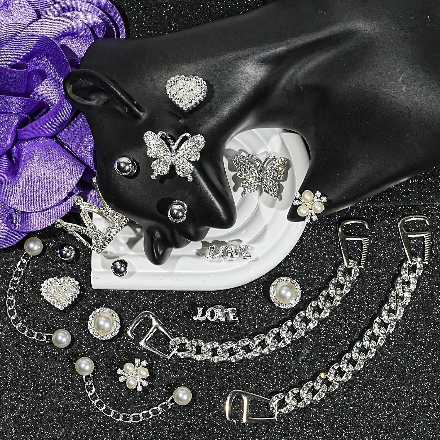 18Pcs Silver Rhinestone Butterfly Shoe Charms Plastic Pearl Love Letter Shoe Decoration Charms Clog Sandals Shoe Chains for Women DIY Jewelry Shoes Accessories for Birthday Party Favor