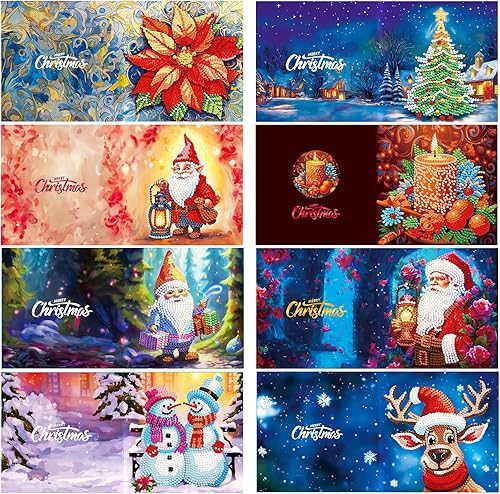 Miniatura 3 de pigpigboss Paquete de 8 tarjetas de felicitación con pintura de diamantes, árbol de Navidad, muñeco de nieve, tarjetas de pintura de diamantes de
