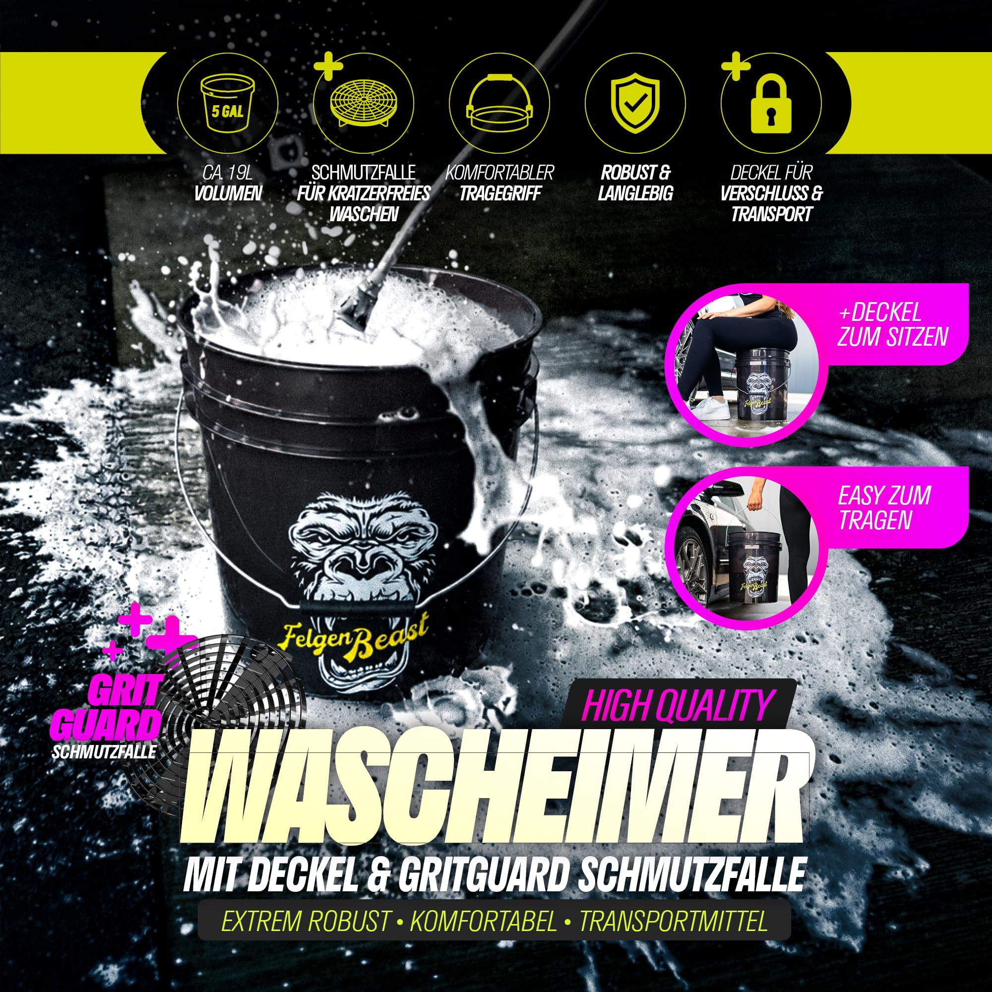 Felgenreiniger Set | Sonax Felgenbeast 500ml + Auto Wascheimer 20l mit Sieb und Deckel + Waschhandschuh + Pinsel + Ceramic Quick Detailer + Ceramic Shampoo + Mikrofasertuch