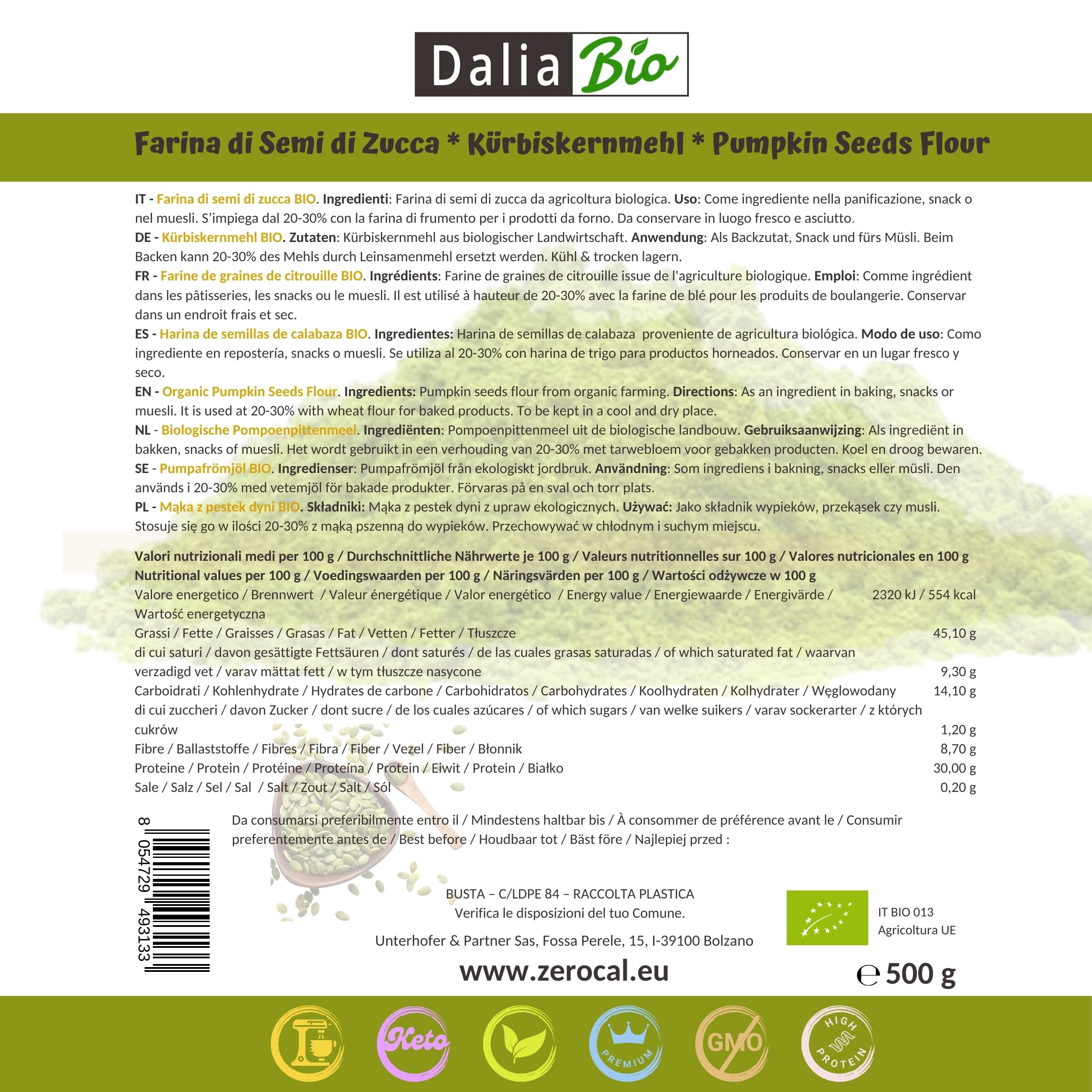 Dalia - Harina de Semilla de Calabaza Orgánica 500g | Semillas de Calabaza Molidas | Bajo en Carbohidratos, Rica en Omega 3 y Fibra | Vegano y sin gluten