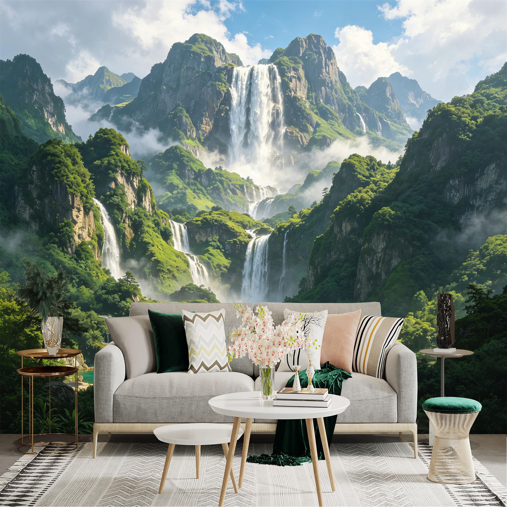 Custom Size Wall Sticker Mural， Majestic Waterfall in Lush Green Mountains， Tropical Misty Landscape， Serene Lake View， for wall Decoration， peelandstick wall Decals.