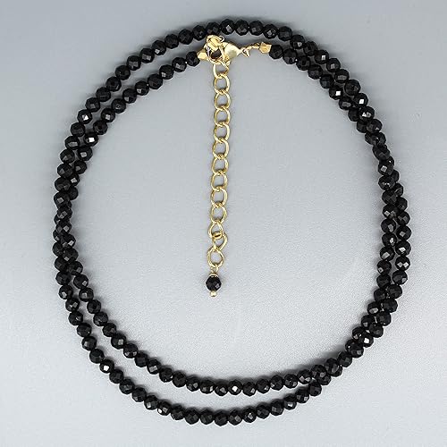 Miniatura 2 de Gempires Natural Black Tourmaline 3.5 mm Beads Necklace, Protects & Bring Luck, 14k Yellow Gold Plated With 18 + 2 Inch Adjustable Chain (Black
