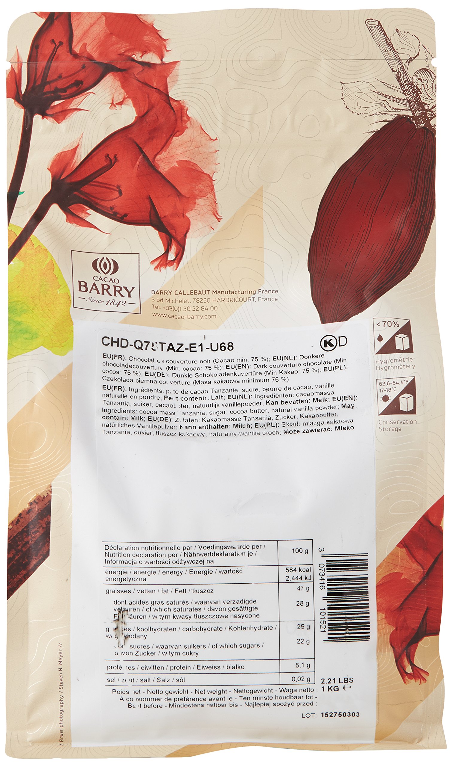 CACAO BARRY 75% Min Cacao Chocolat Tanzanie Pistoles 1 kg