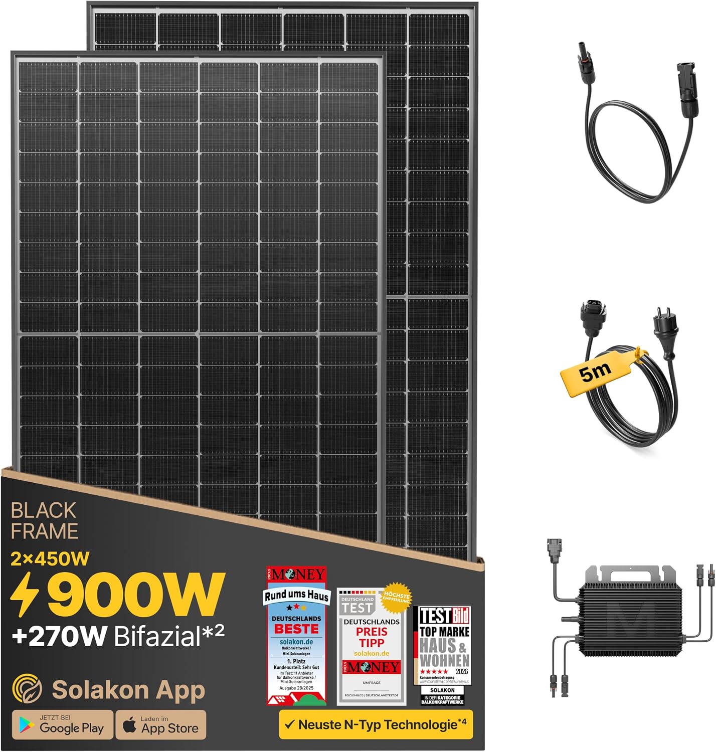 Solakon 900W Balkonkraftwerk - Balkonkraftwerk 800W komplett Steckdose - neuester 800 Watt Wechselrichter - Solaranlage Komplettset - 450W bifaziale Solarmodule inkl Zubehör - 5m Kabel, Ohne Halterung