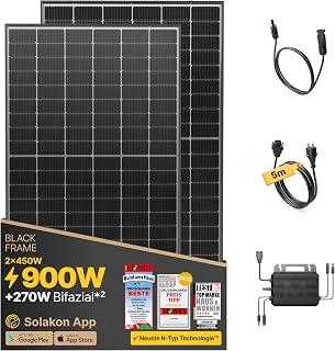Solakon 900W Balkonkraftwerk - Balkonkraftwerk 800W komplett Steckdose - neuester 800 Watt Wechselrichter - Solaranlage Komplettset - 450W bifaziale Solarmodule inkl Zubehör - 5m Kabel, Ohne Halterung