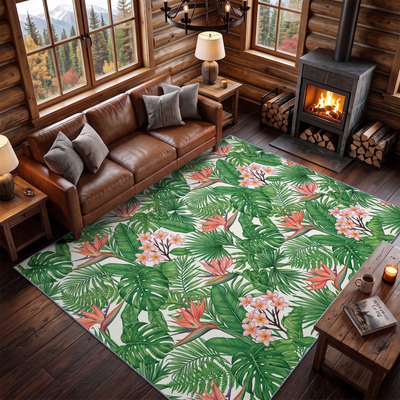 Tapis Lavable antidérapant MotifFloralMonsteraOiseauParadis 120 × 170 cm