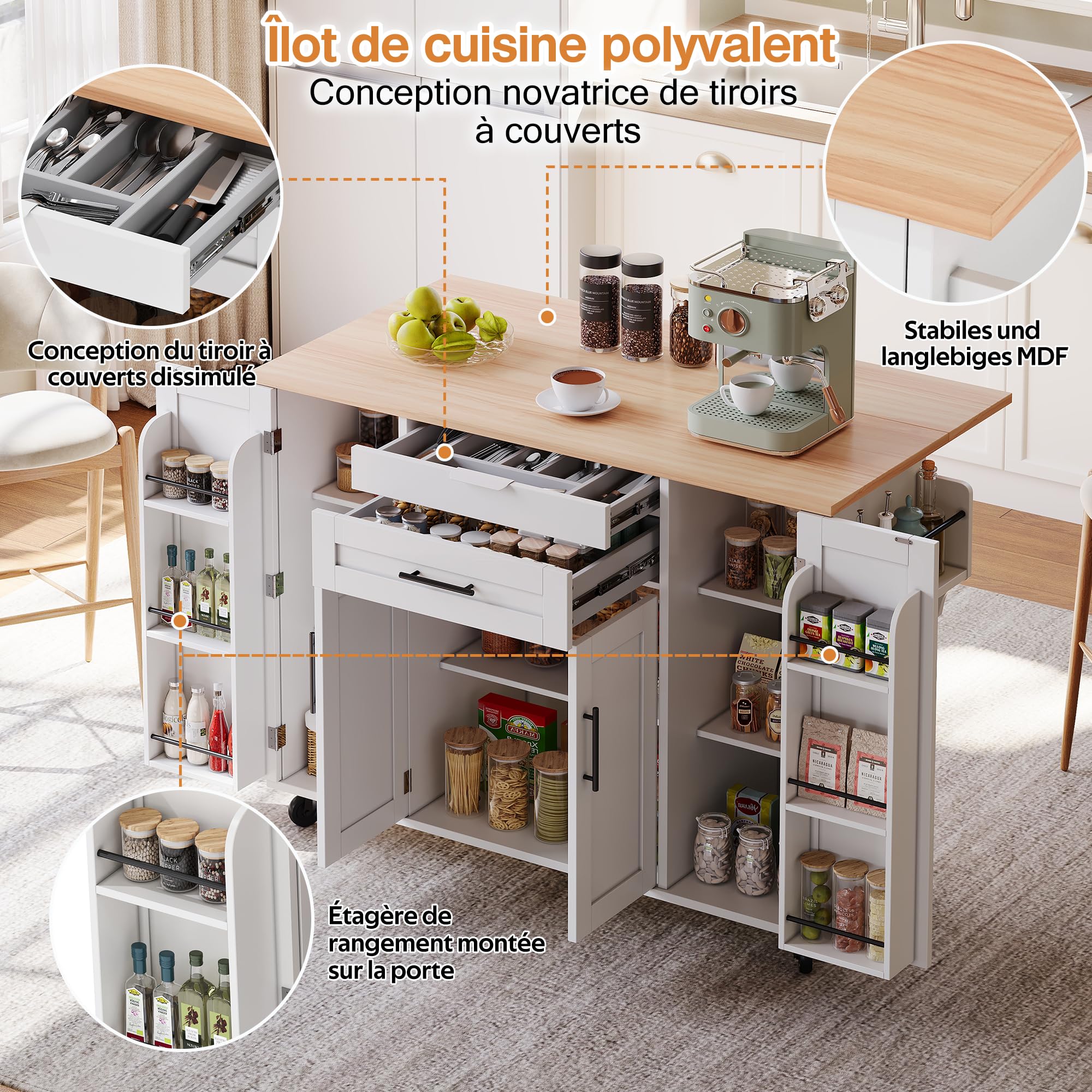Küchenwagen, Kücheninsel Buffetschrank mit Arbeitsplatte klappbar und Rollen, Küchenschrank, Servierwagen mit verstellbare Einlegeböden,Gewürzregal und Handtuchhalter,136x45-70x92cm (White)