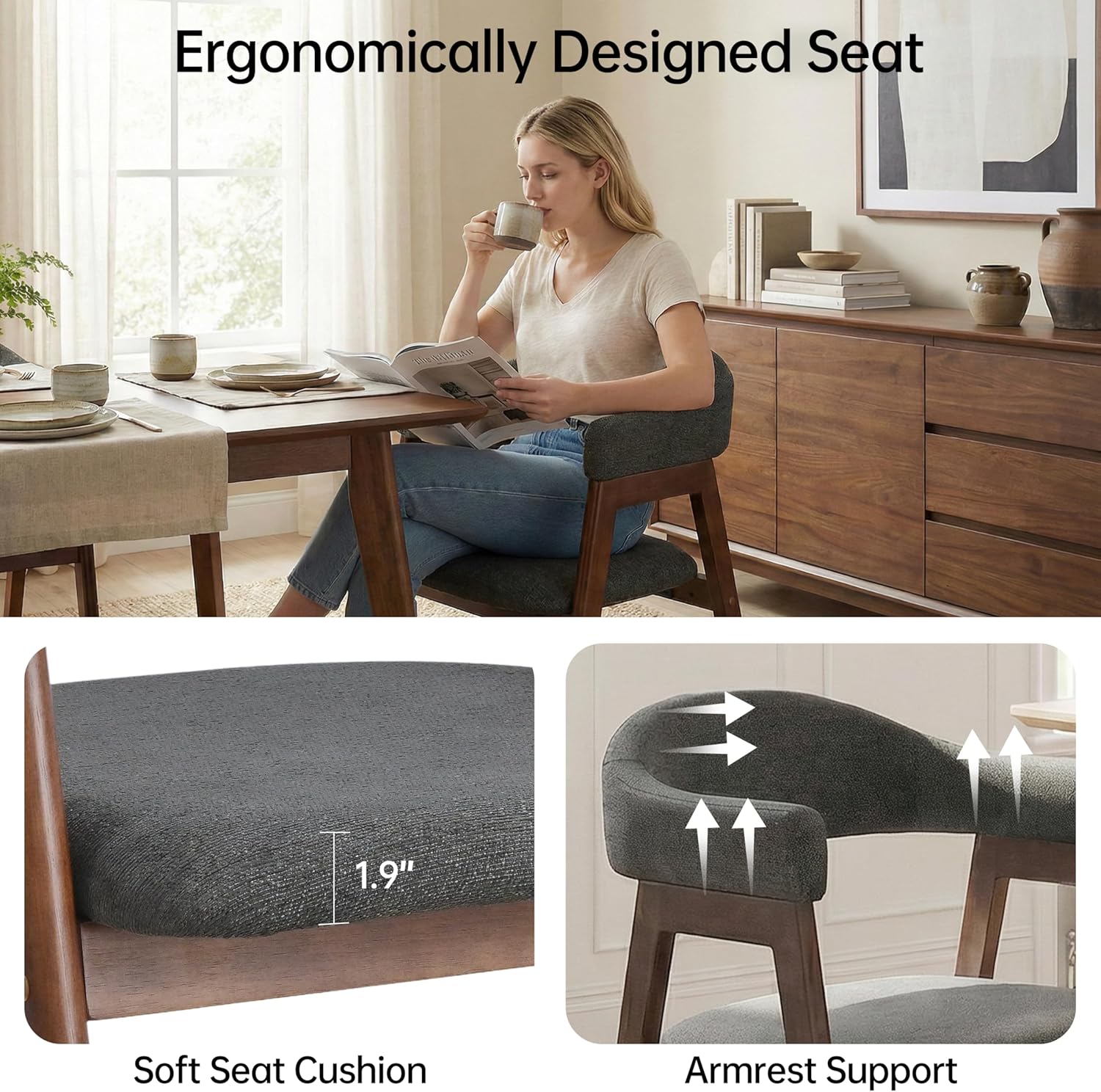 Woman sitting comfortably in a VKNOW dining chair