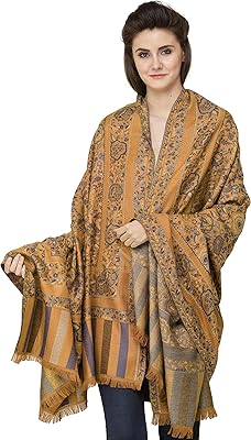 Exotic India Jamawar Shawl with Woven Flowers in Multicolored Thread - Color Butterscotch