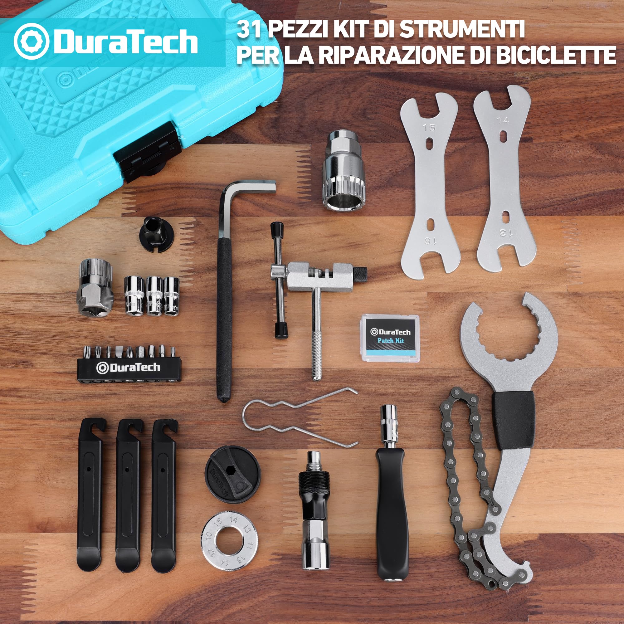 DuraTech Kit Riparazione Biciclette 31 Pezzi con Custodia, Set Attrezzi Completo per Catene, Pneumatici e Manutenzione Bicicletta Domestica
