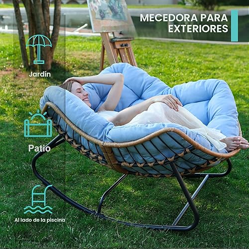 Miniatura 4 de SWITTE Mecedora para exteriores, mecedora de huevos de patio, silla Papasan para interiores, silla de mimbre de ratán, cómoda y moderna silla real