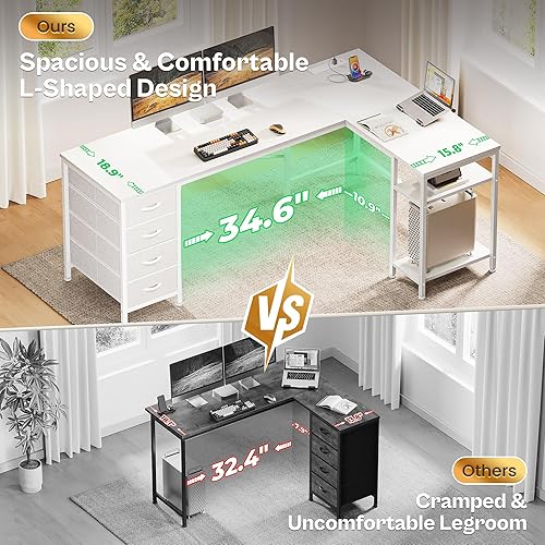 Miniatura 4 de Huuger Escritorio en forma de L de 63 pulgadas con cajones de tela, escritorio reversible para computadora y juegos con tomas de corriente y puerto