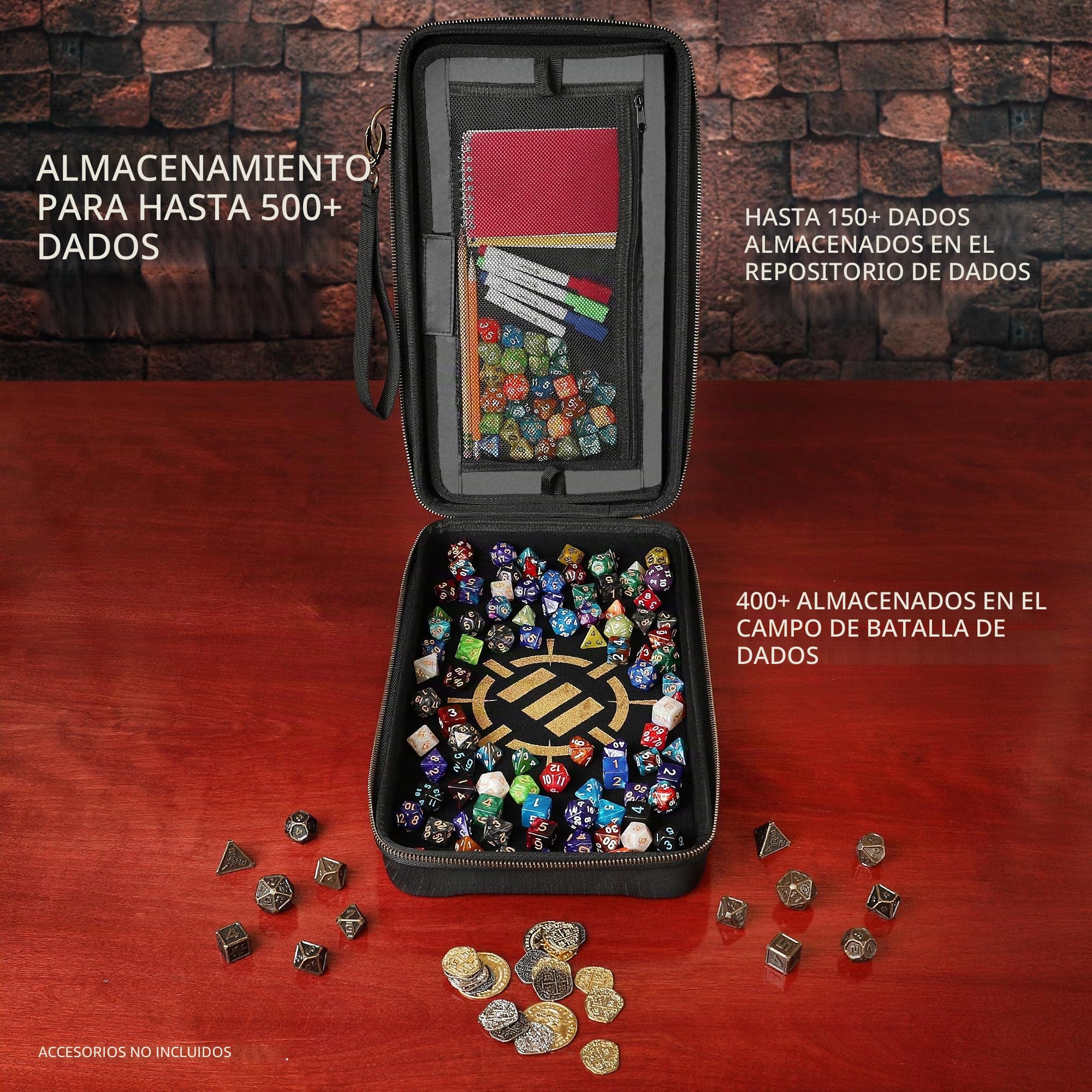 ENHANCE Tabletop DND Estuche de Dados y Bandeja para Tirar Dados - Almacenamiento de Dados para Dados de RPG con diseño Resistente, Interior Suave, y Bolsillos organizadores (Capacidad de 500 Dados)