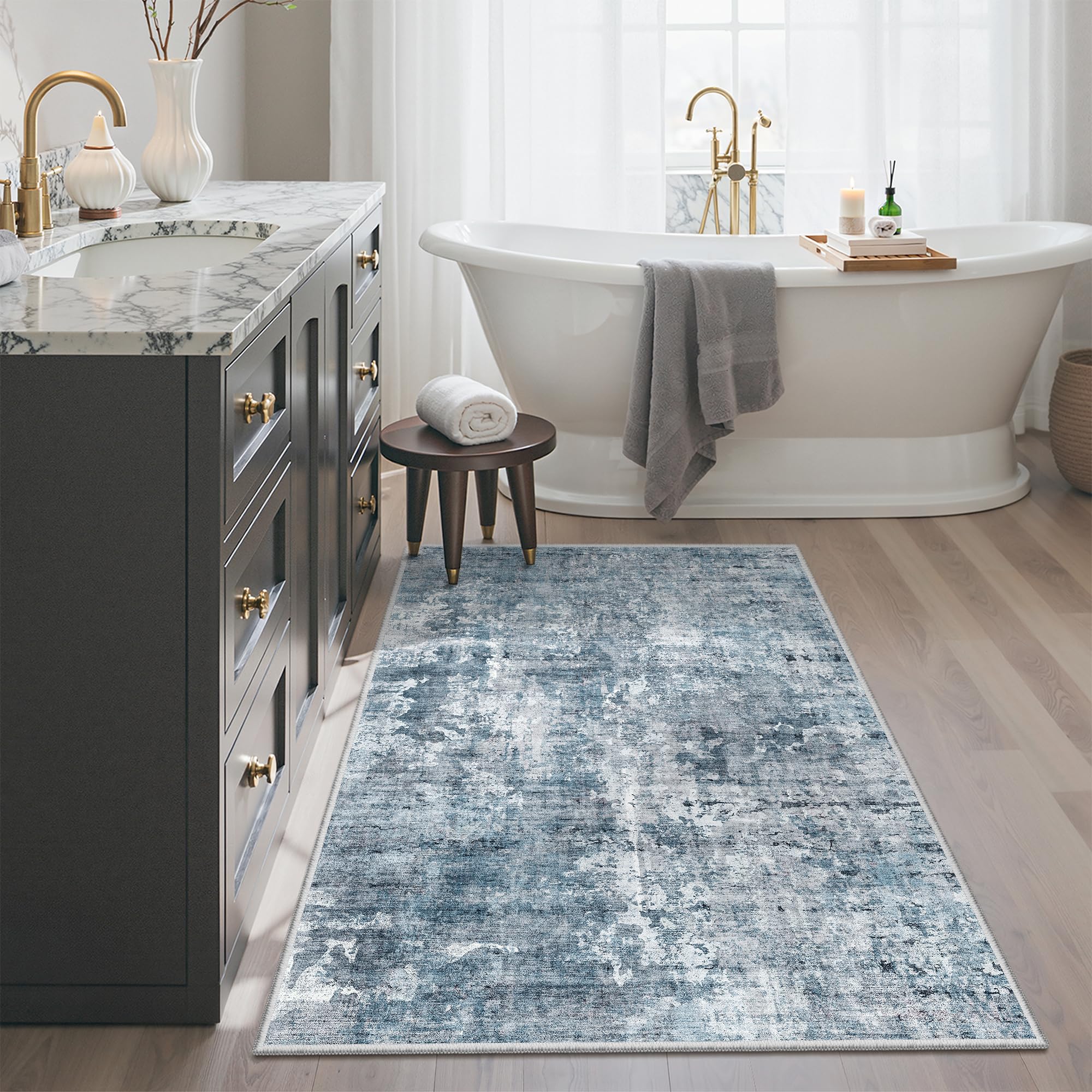 Soalmost Abstract 3x4 Rugs, Small Washable Area Rug for Entryway Blue/Grey | Vintage Low Pile Carpet for Nursery Coffee Table Bathroom, Foldable Stain Resistant Indoor Door Mat Entrance Powder Room Blue/Grey 3' x 4' (Rectangular)