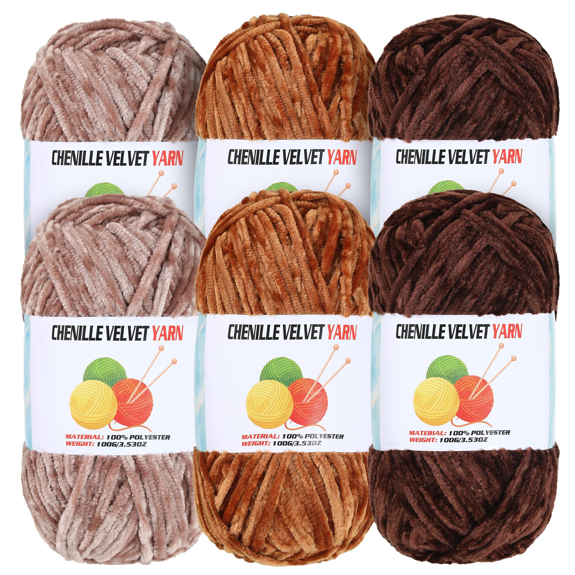 6 * 100g Velvet Chenille Chunky Yarn, Handcrafts Weaving Soft Chenille for Crocheting Clearance, Used for Making Baby Yarn Blanket, Clothes, Knitting Creations (E)